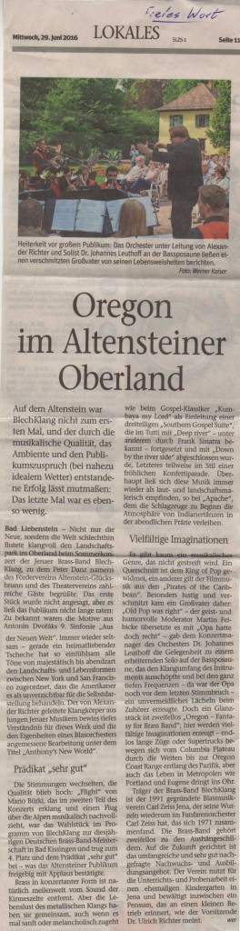 Artikel aus dem Freien Wort vom 29. Juni 2016 zu unserem Sommerkonzert auf Schloss Altenstein