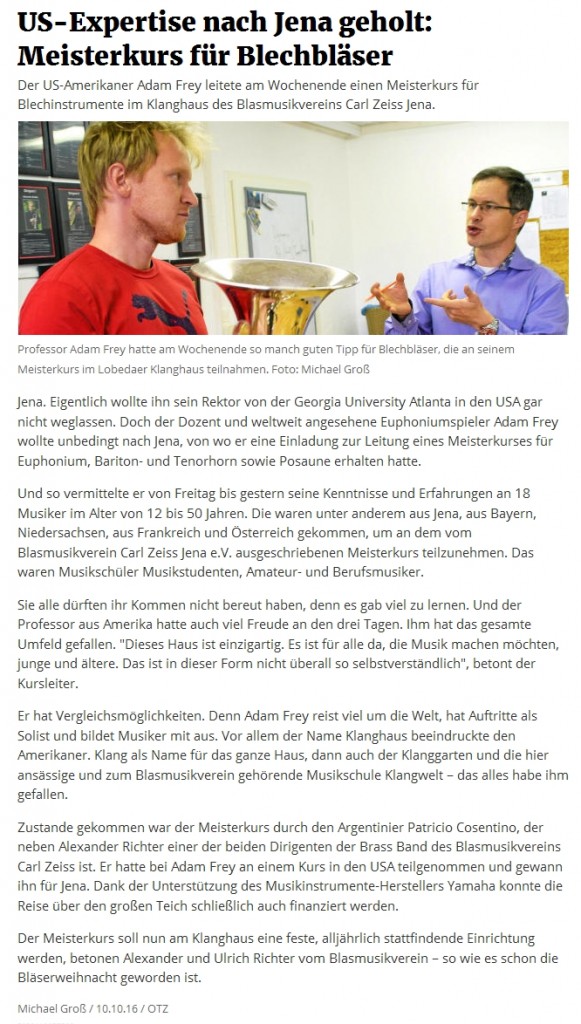 Artikel aus der OTZ zum Meisterkurs mit Adam Frey