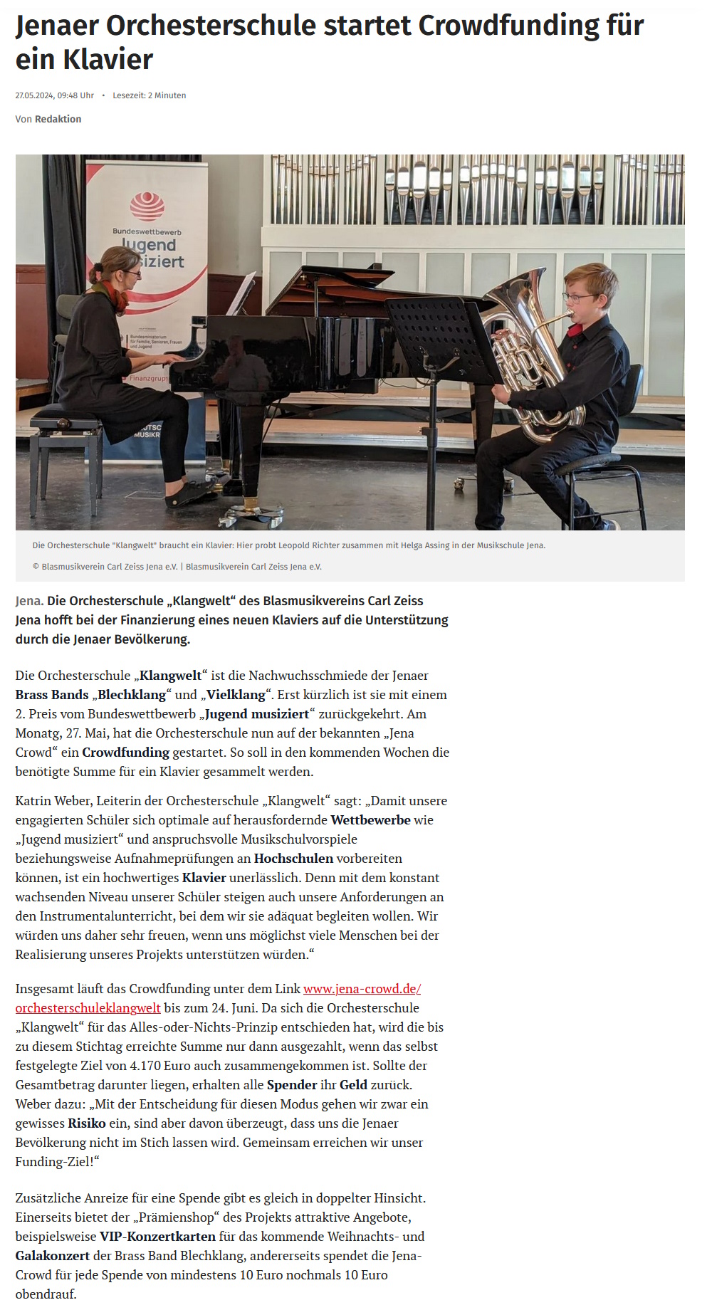 Artikel OTZ Orchesterschule KLANGwelt startet Crowdfunding für ein Klavier